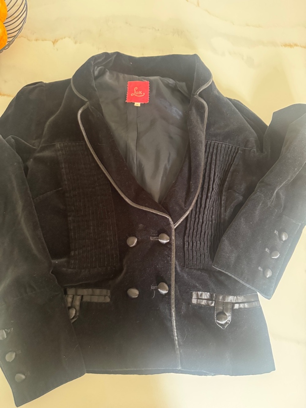Lux Black Velvet Double-Breasted Blazer with Pintuck Panels